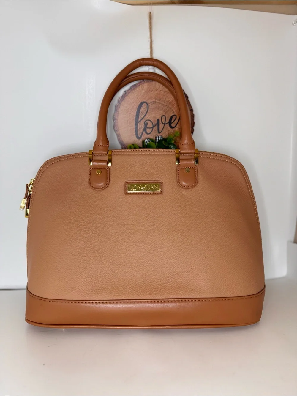 Joy & Iman Peach-Tan Dome Satchel with Gold Hardware